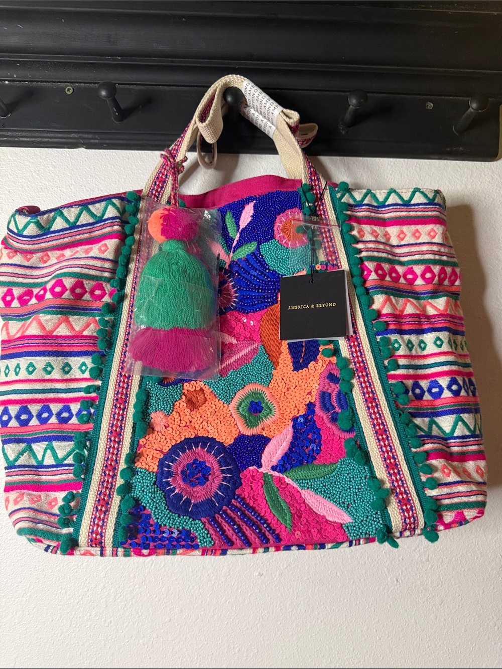 America & Beyond Embroidered Beaded Multi-Color Tote Bag NWT